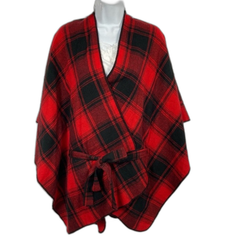 Cato Red Black Tartan Plaid Cape One Size Oversized Tie Waist Acrylic Wrap
